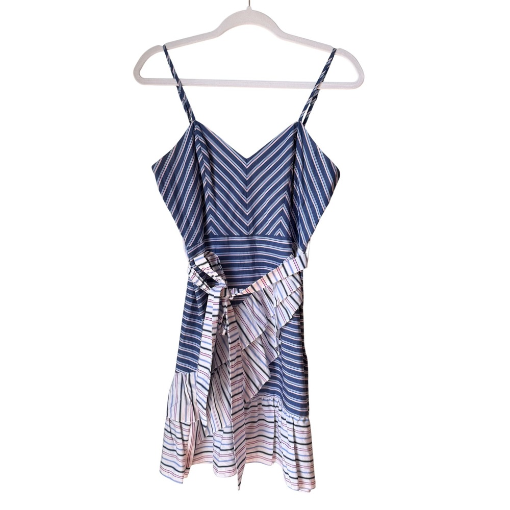 Parker Brooklyn Ruffle Mini Dress Blue Pink Stripe Belt Spaghetti Strap Size 4 - Picture 4 of 16
